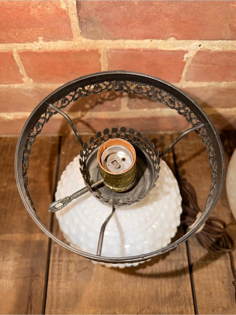 White Hobnail Milk Glass Table Lamp with Brass Accents